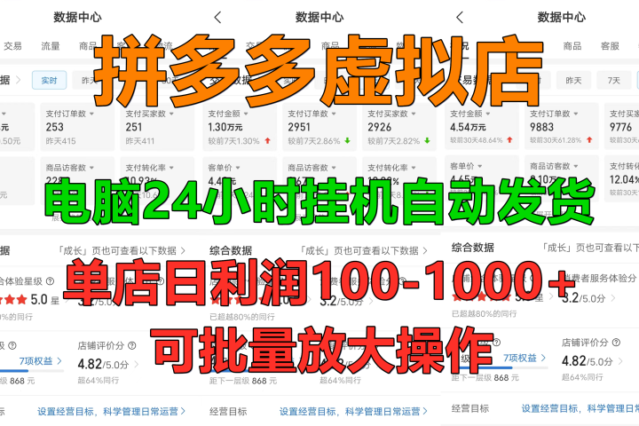 拼多多虚拟店，24小时挂机发货，单店日入100-1000+，可批量放大操作，新手首选项目。极客联盟-网创项目资源站-副业项目-创业项目-搞钱项目极客联盟