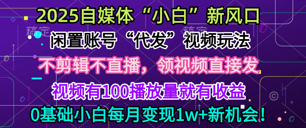 2025每月躺赚5w+新机会，闲置视频账号一键代发玩法，0粉不实名不剪辑，领了视频直接发，0基础小白也能日入300+极客联盟-网创项目资源站-副业项目-创业项目-搞钱项目极客联盟